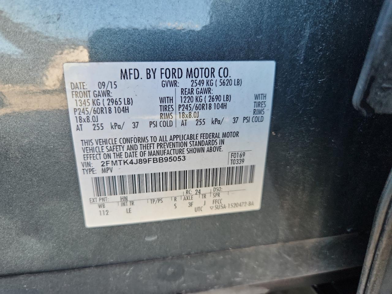 2015 Ford Edge Sel VIN: 2FMTK4J89FBB95053 Lot: 93396925