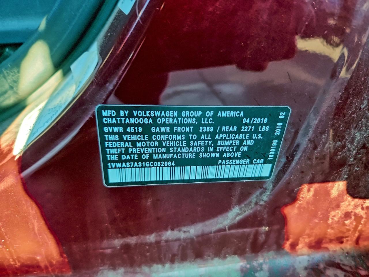 2016 Volkswagen Passat S VIN: 1VWAS7A31GC052064 Lot: 93775345