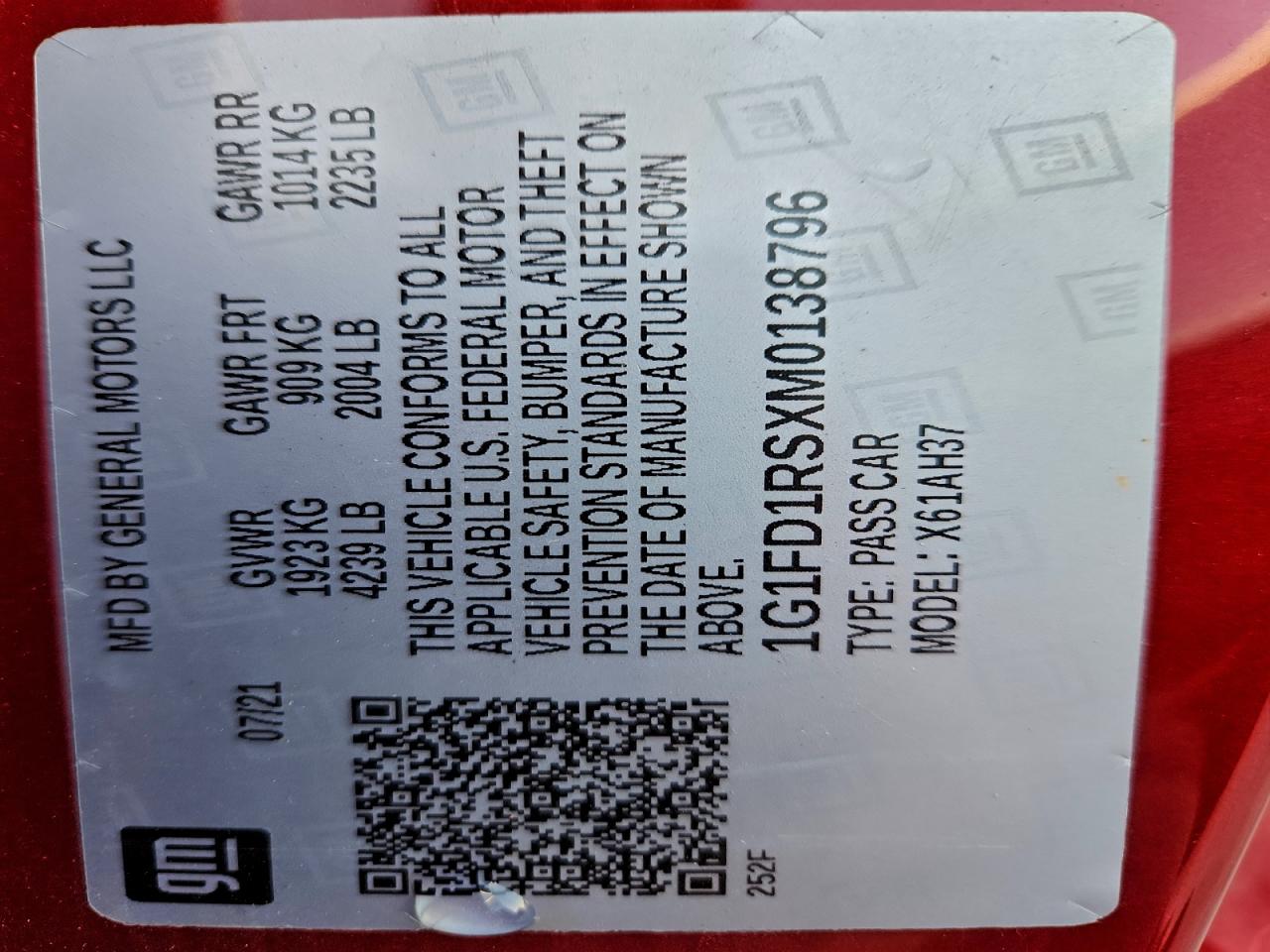 2021 Chevrolet Camaro Lt VIN: 1G1FD1RSXM0138796 Lot: 94322725