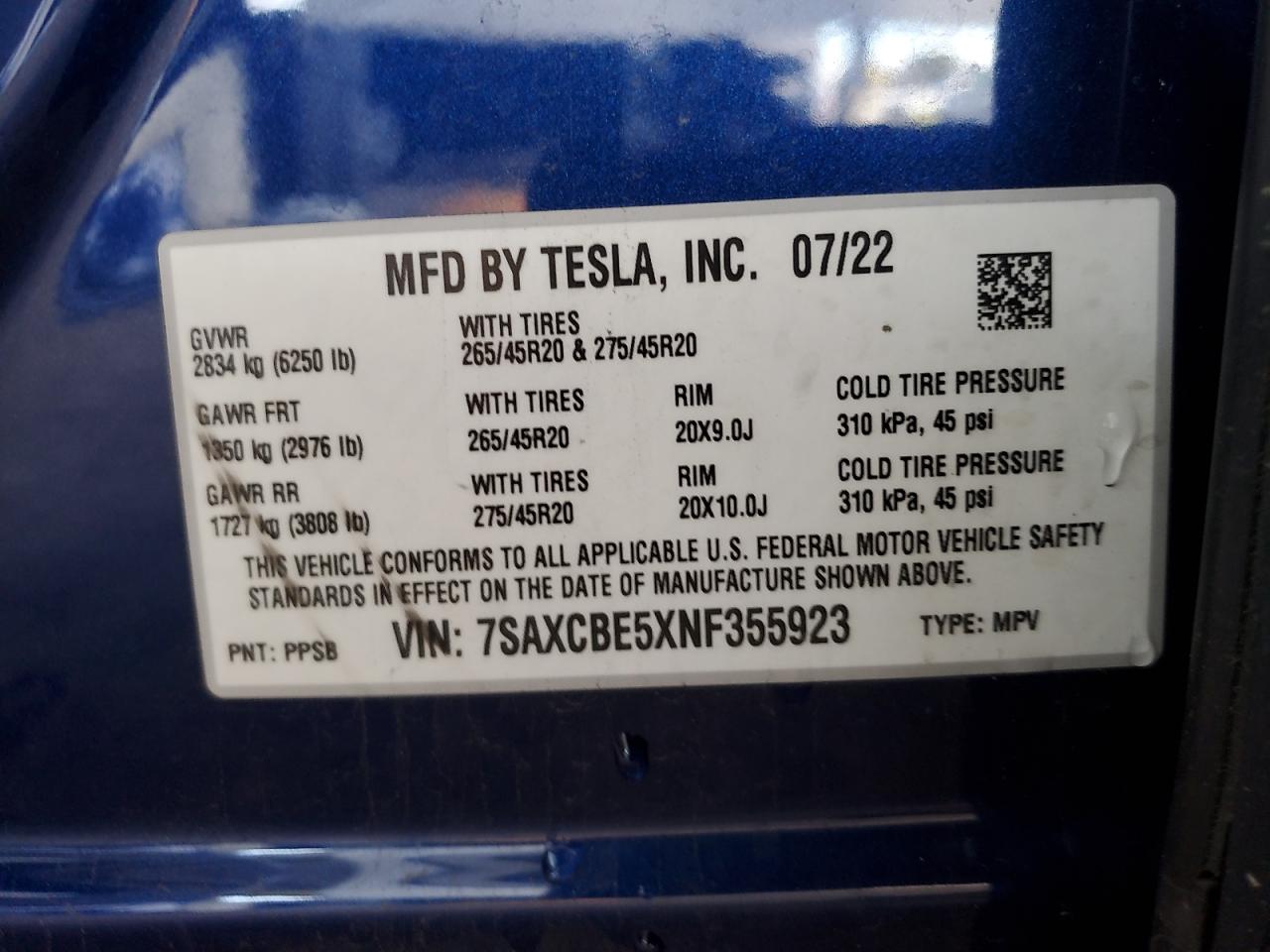 2022 Tesla Model X VIN: 7SAXCBE5XNF355923 Lot: 93515615