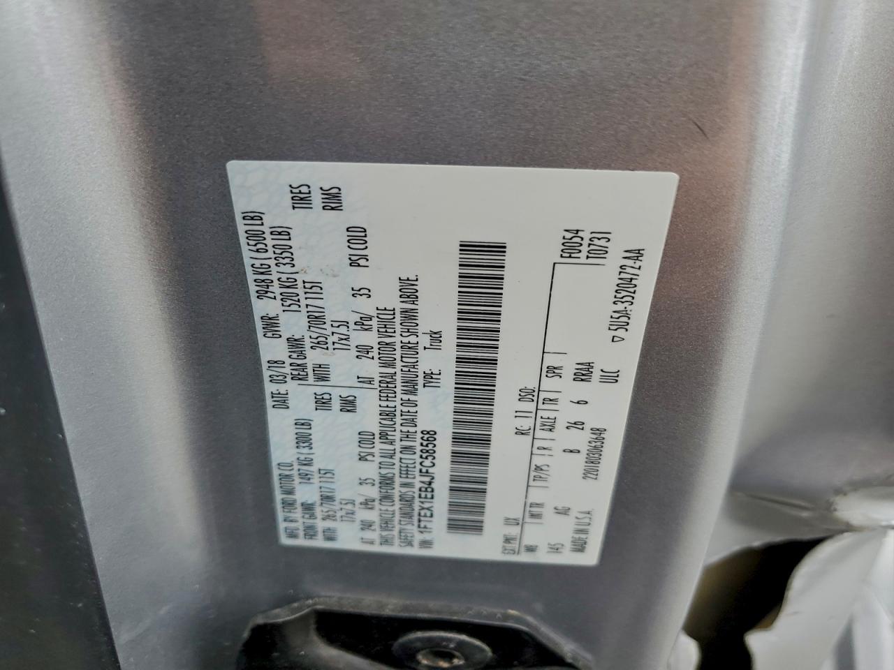 2018 Ford F150 Super Cab VIN: 1FTEX1EB4JFC58568 Lot: 94125215