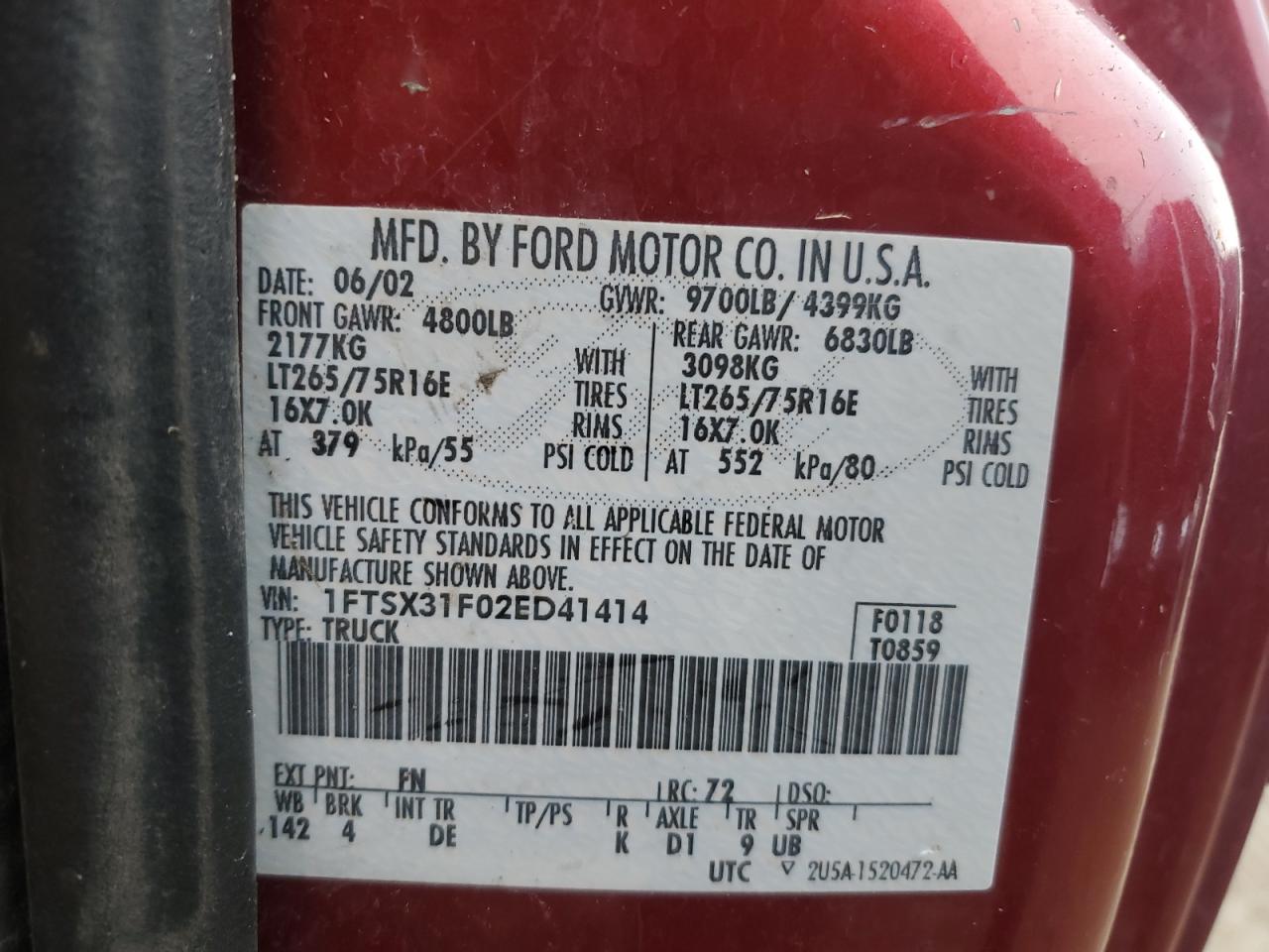 2002 Ford F350 Srw Super Duty VIN: 1FTSX31F02ED41414 Lot: 93247605