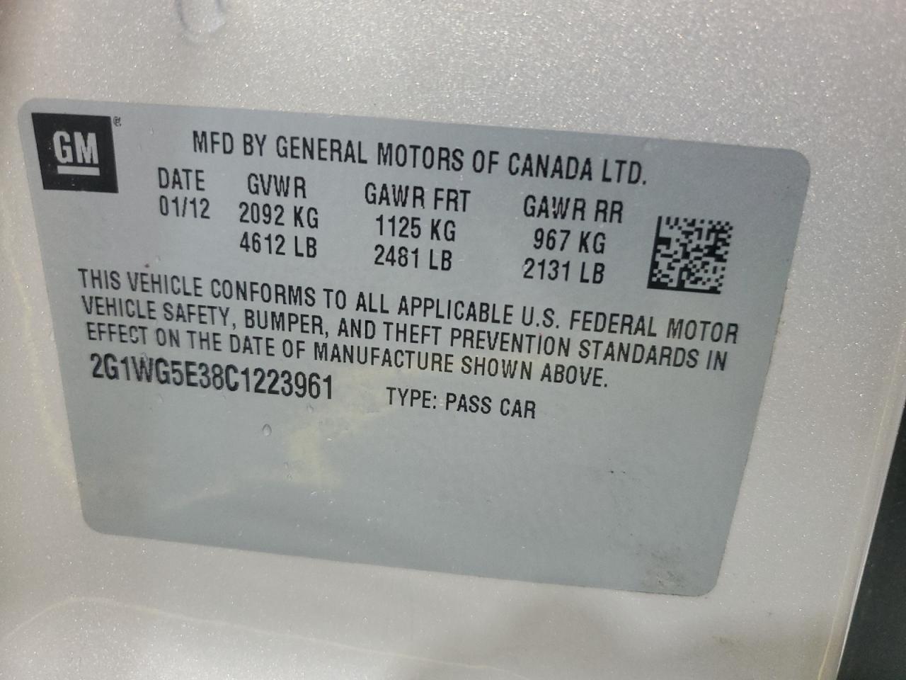 2012 Chevrolet Impala Lt VIN: 2G1WG5E38C1223961 Lot: 93510035