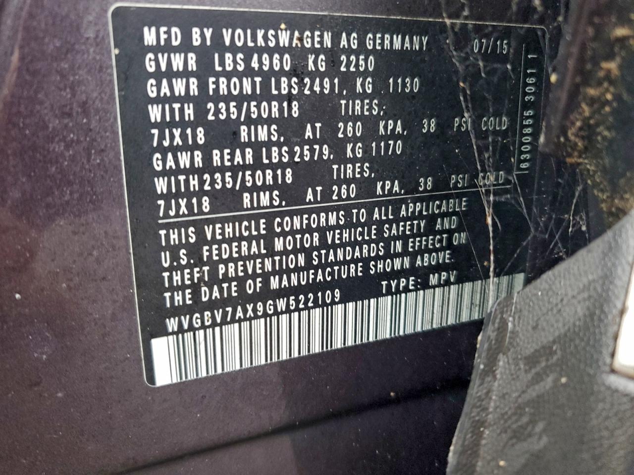 2016 Volkswagen Tiguan S VIN: WVGBV7AX9GW522109 Lot: 94145575