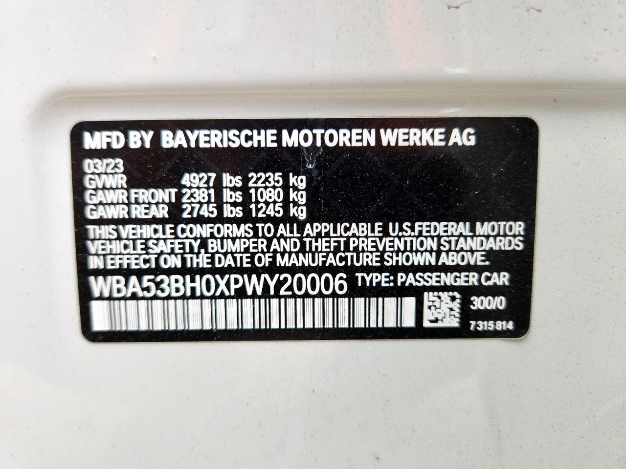 2023 BMW 530 I VIN: WBA53BH0XPWY20006 Lot: 93413515