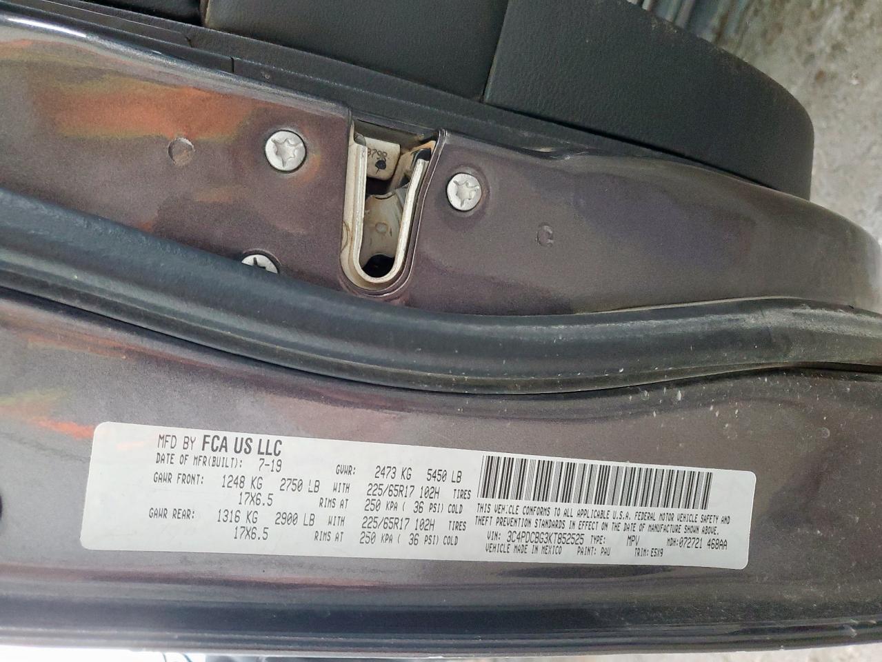 2019 Dodge Journey Se VIN: 3C4PDCBG3KT852525 Lot: 93662595