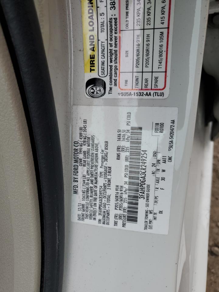 2012 Ford Fusion S VIN: 3FAHP0GA3CR249254 Lot: 93122825