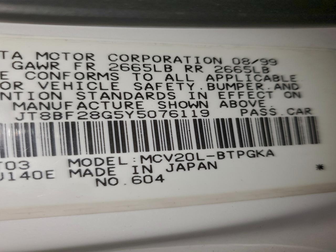 2000 Lexus Es 300 VIN: 076119 Lot: 85441275