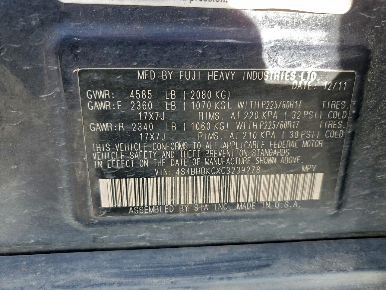 2012 Subaru Outback 2.5I Limited VIN: 4S4BRBKCXC3239278 Lot: 94920335