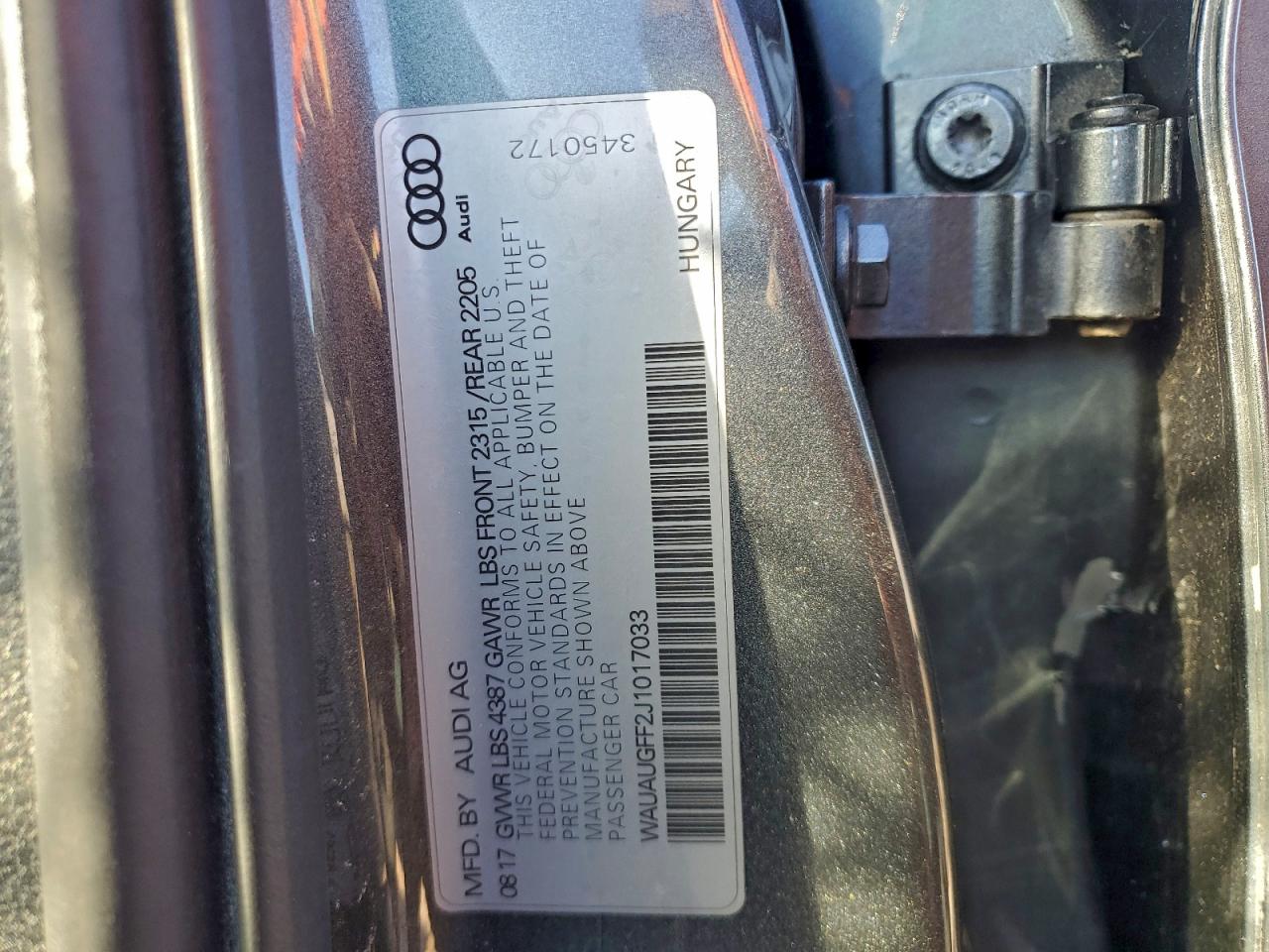 2018 Audi A3 Premium VIN: WAUAUGFF2J1017033 Lot: 94662675