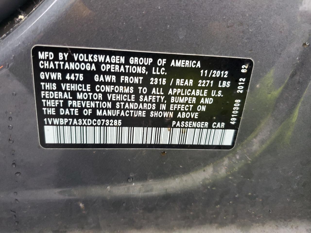 2013 Volkswagen Passat Se VIN: 1VWBP7A3XDC073285 Lot: 93299445