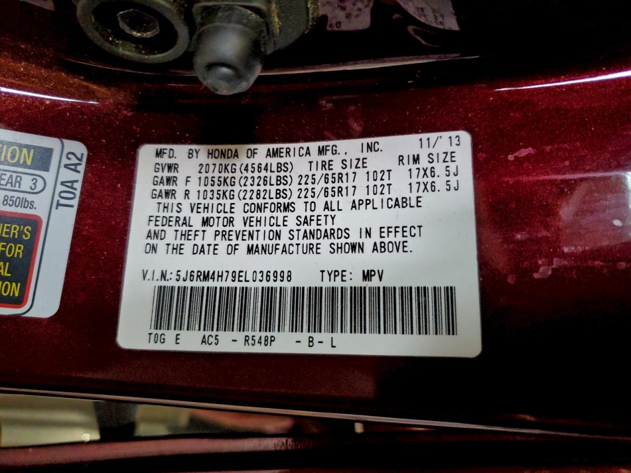 2014 Honda Cr-V Exl VIN: 5J6RM4H79EL036998 Lot: 94036475