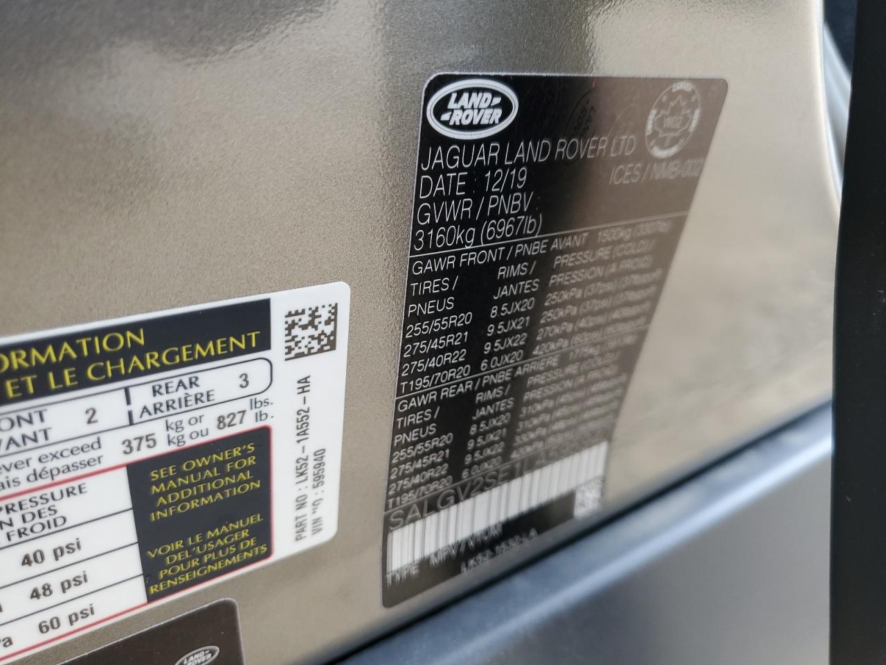 2020 Land Rover Range Rover Autobiography VIN: SALGV2SE1LA595940 Lot: 92812405