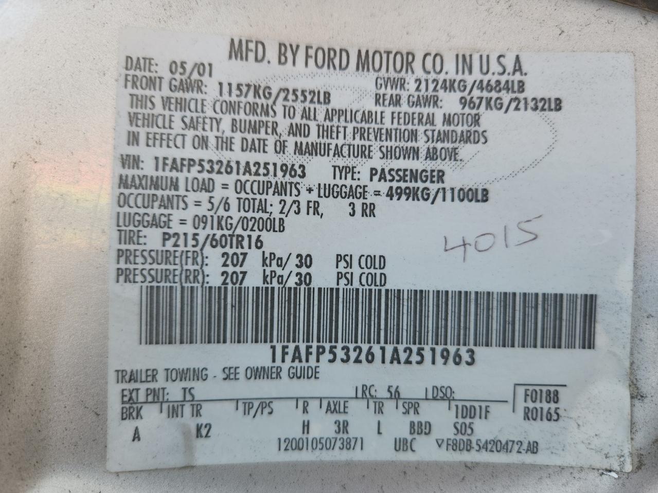 2001 Ford Taurus Se VIN: 1FAFP53261A251963 Lot: 91854245