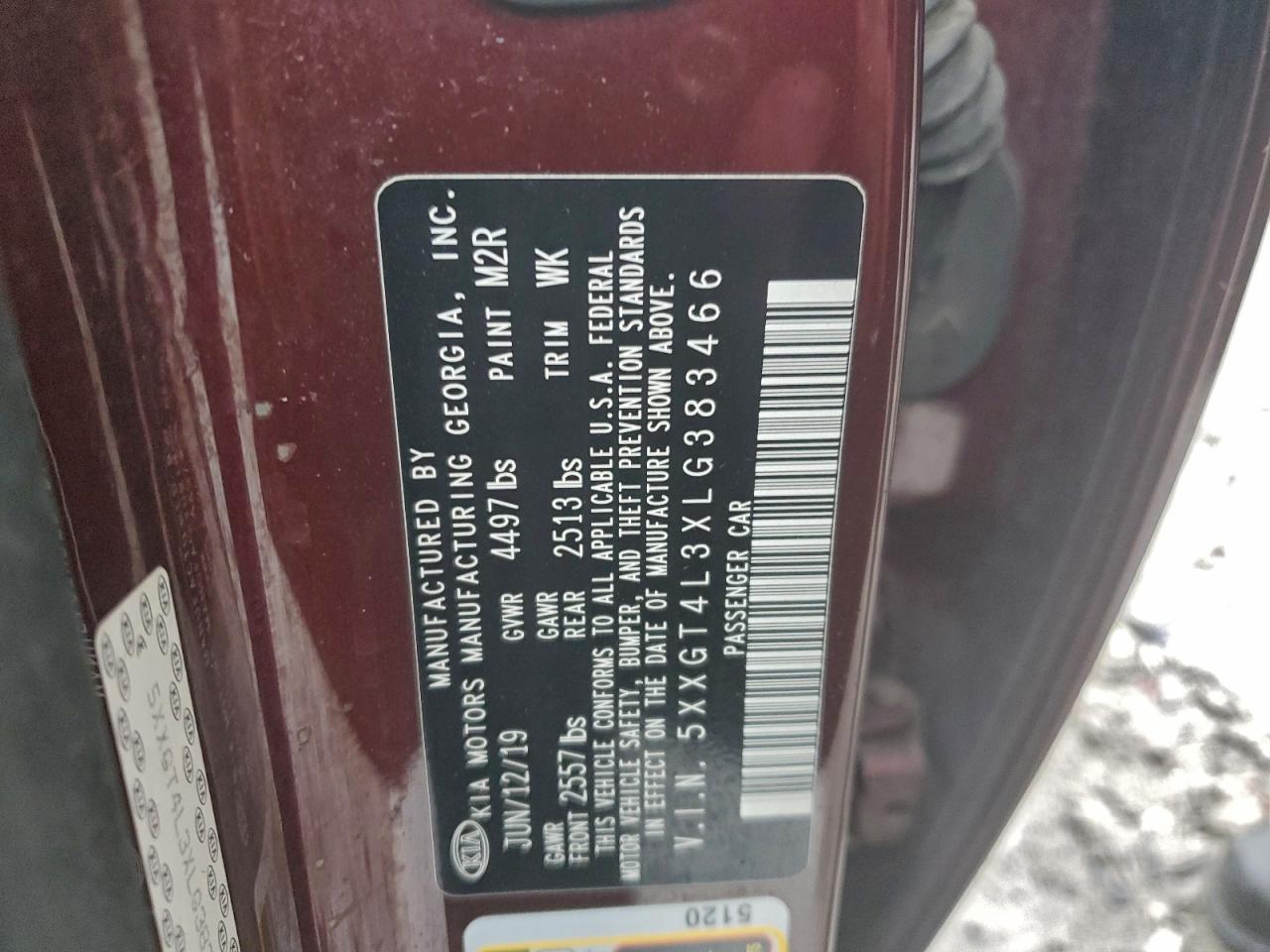 2020 Kia Optima Lx VIN: 5XXGT4L3XLG383466 Lot: 93833165