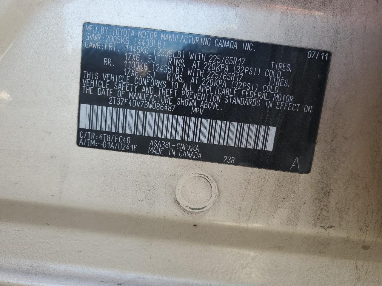 2011 Toyota Rav4 VIN: 2T3ZF4DV7BW086487 Lot: 93815135