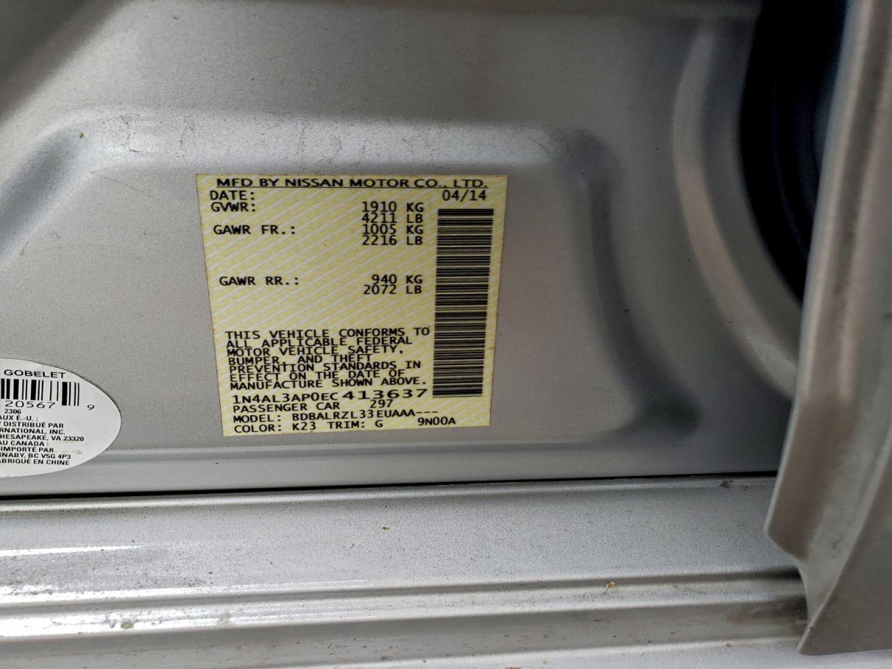 2014 Nissan Altima 2.5 VIN: 1N4AL3AP0EC413637 Lot: 92524935