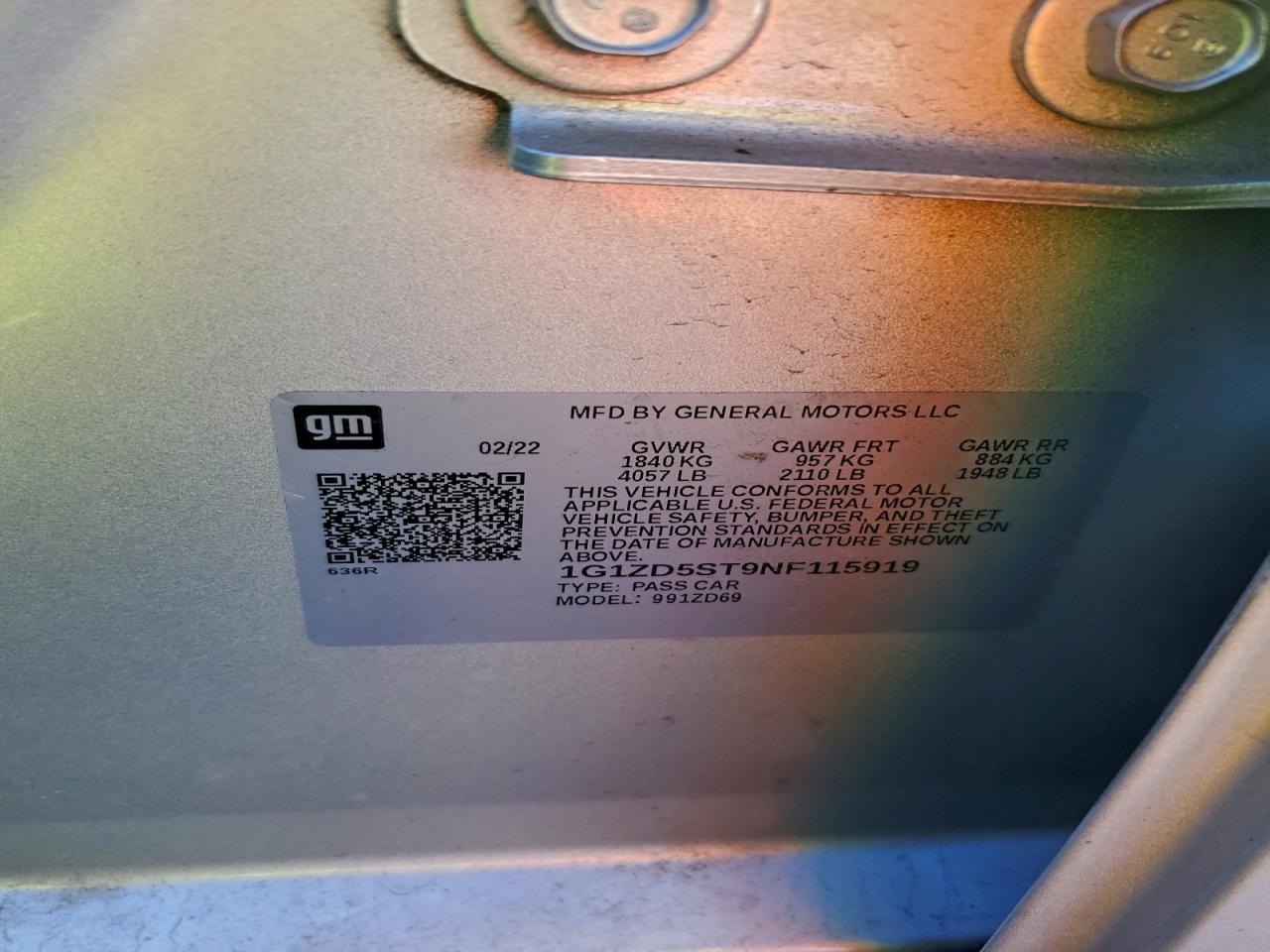 2022 Chevrolet Malibu Lt VIN: 1G1ZD5ST9NF115919 Lot: 94261225