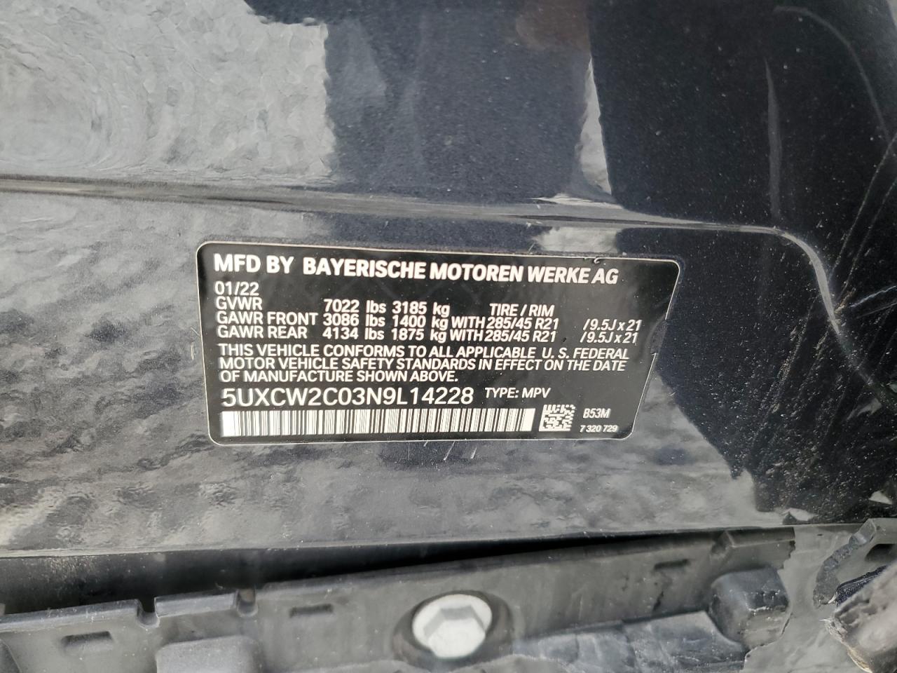 2022 BMW X7 xDrive40I VIN: 5UXCW2C03N9L14228 Lot: 91005625