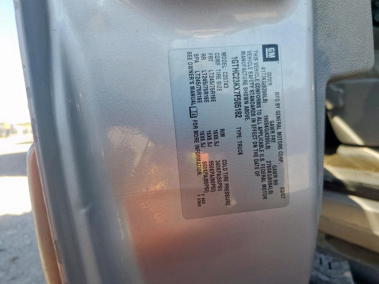 2007 GMC Sierra C2500 Heavy Duty VIN: 1GTHC23KX7F505182 Lot: 92123045