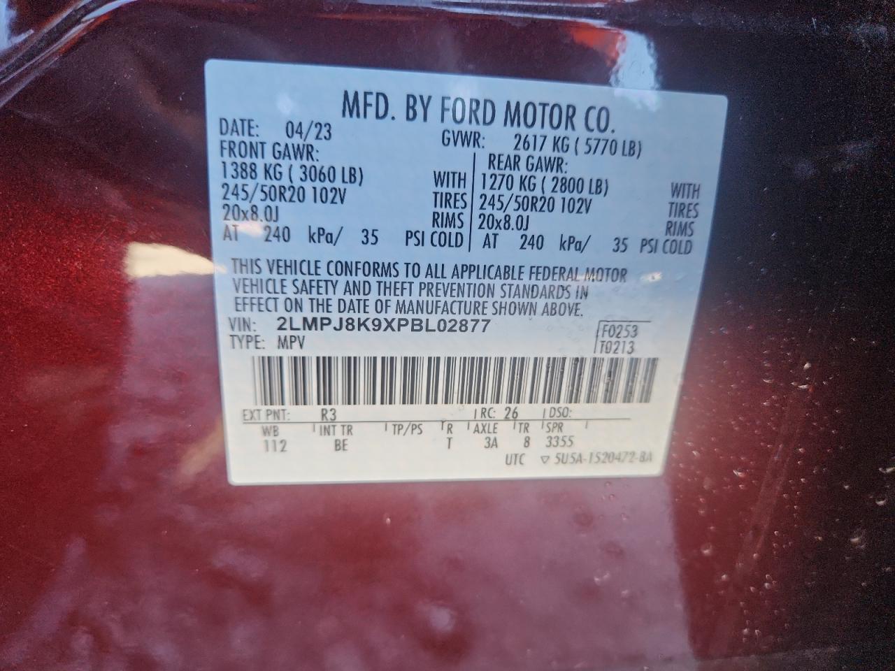 2023 Lincoln Nautilus Reserve VIN: 2LMPJ8K9XPBL02877 Lot: 92164355