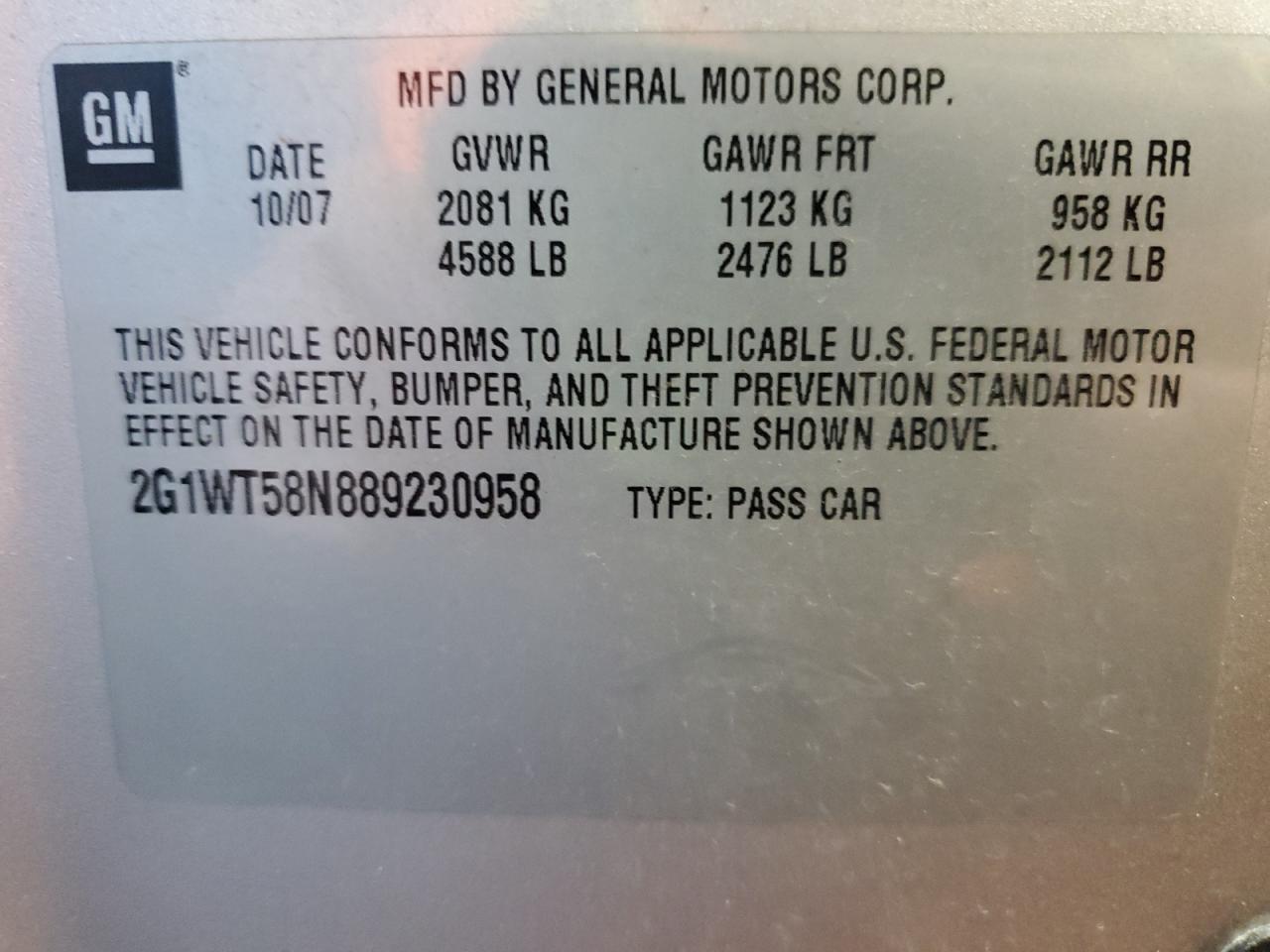 2008 Chevrolet Impala Lt VIN: 2G1WT58N889230958 Lot: 93211775