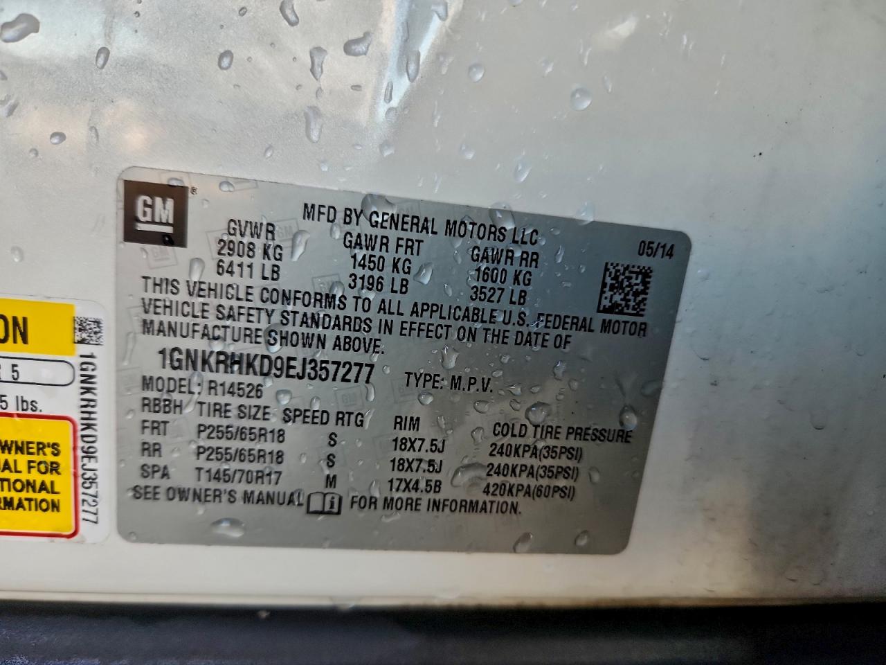 2014 Chevrolet Traverse Lt VIN: 1GNKRHKD9EJ357277 Lot: 94654485