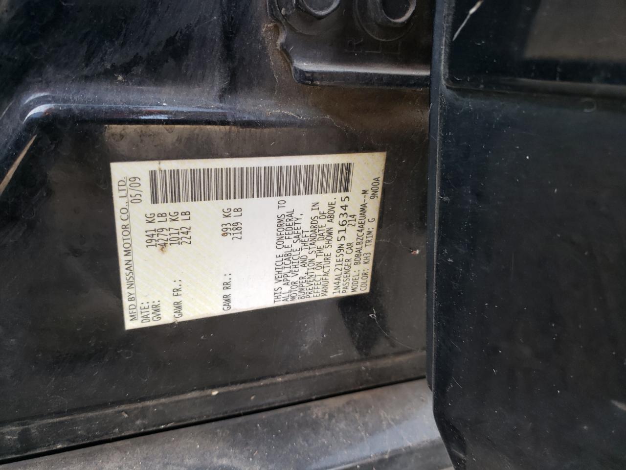 2009 Nissan Altima 2.5 VIN: 1N4AL21E59N516345 Lot: 93914365