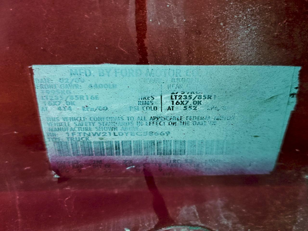 2000 Ford F250 Super Duty VIN: 1FTNW21L0YEC58669 Lot: 94054075