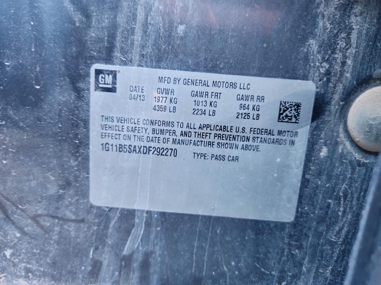 2013 Chevrolet Malibu Ls VIN: 1G11B5SAXDF292270 Lot: 93973945