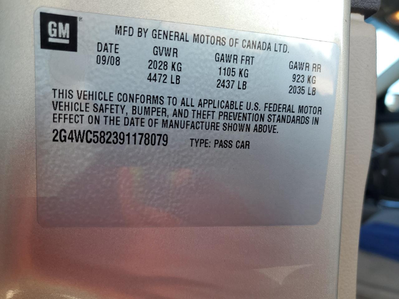 2009 Buick Lacrosse Cx VIN: 2G4WC582391178079 Lot: 91847765