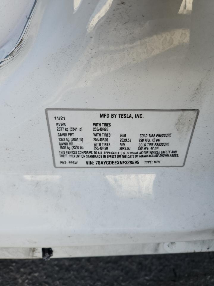 2022 Tesla Model Y VIN: 7SAYGDEEXNF328595 Lot: 91732035