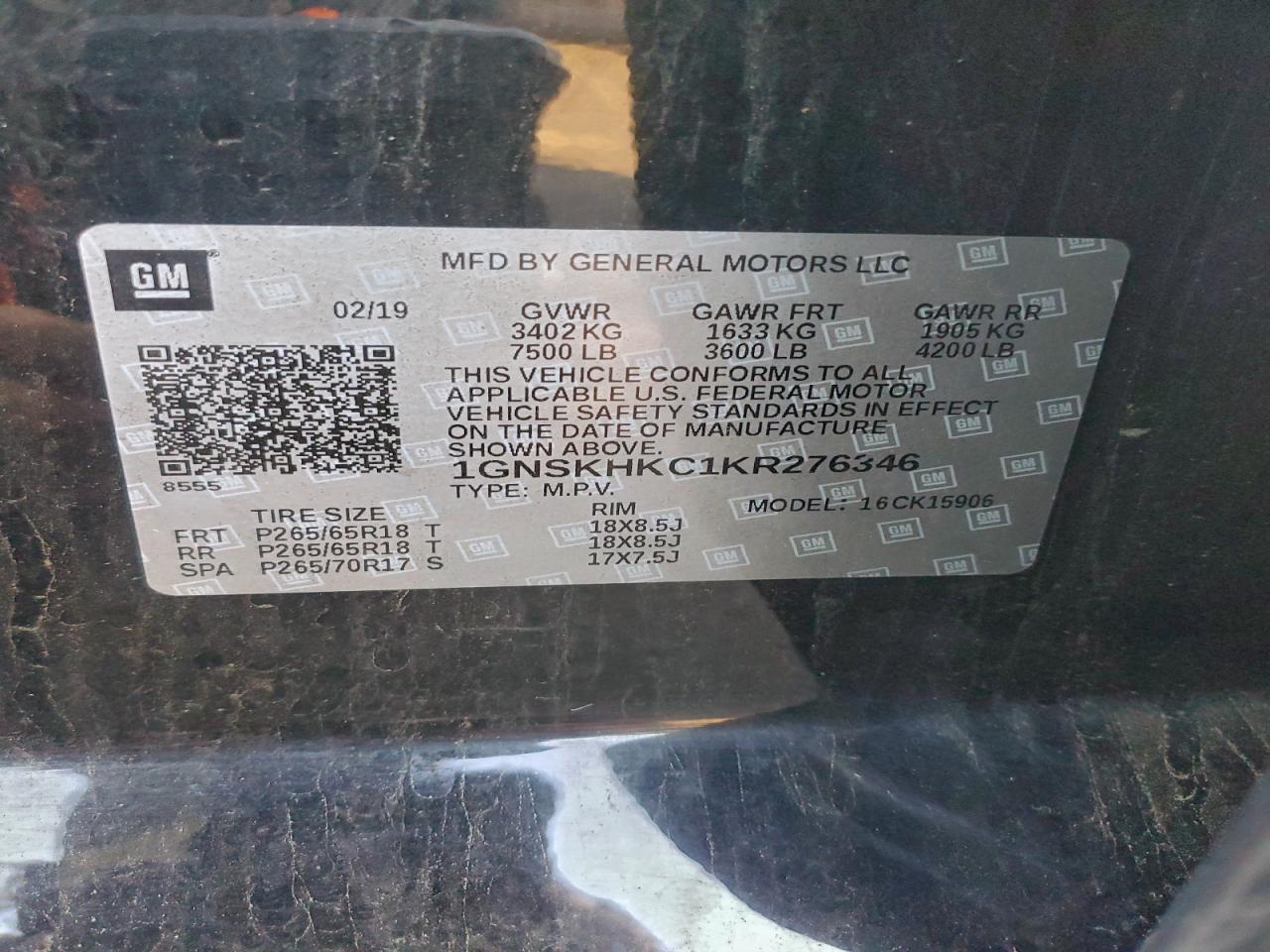 2019 Chevrolet Suburban K1500 Lt VIN: 1GNSKHKC1KR276346 Lot: 93153935