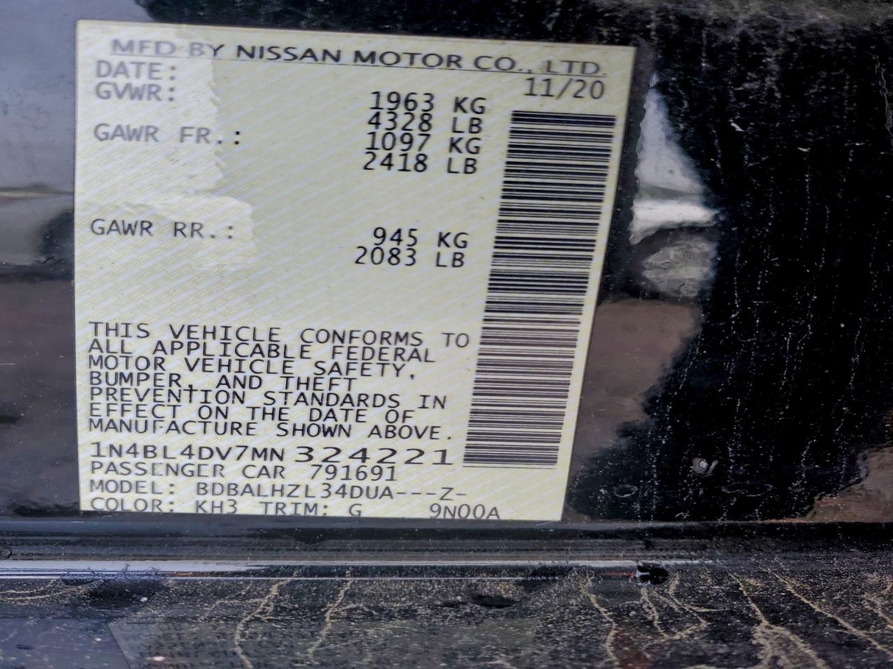2021 Nissan Altima Sv VIN: 1N4BL4DV7MN324221 Lot: 94554265