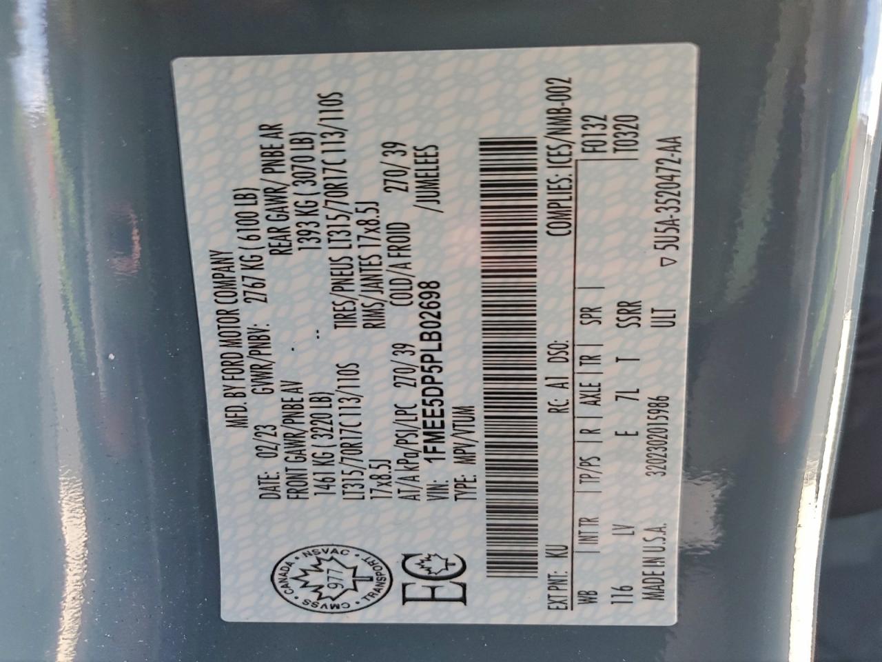 2023 Ford Bronco Base VIN: 1FMEE5DP5PLB02698 Lot: 94561255