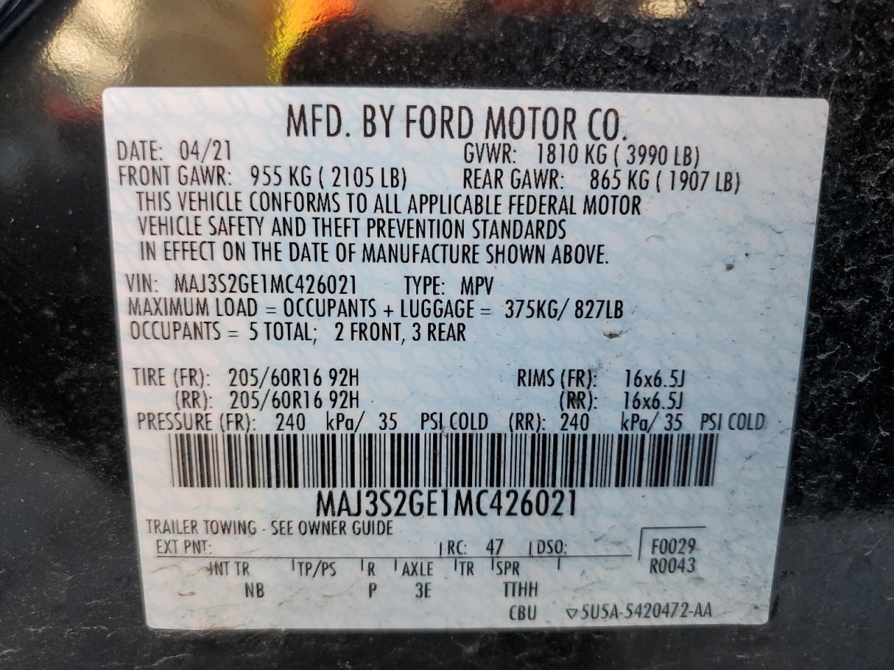 2021 Ford Ecosport Se VIN: MAJ3S2GE1MC426021 Lot: 92462635