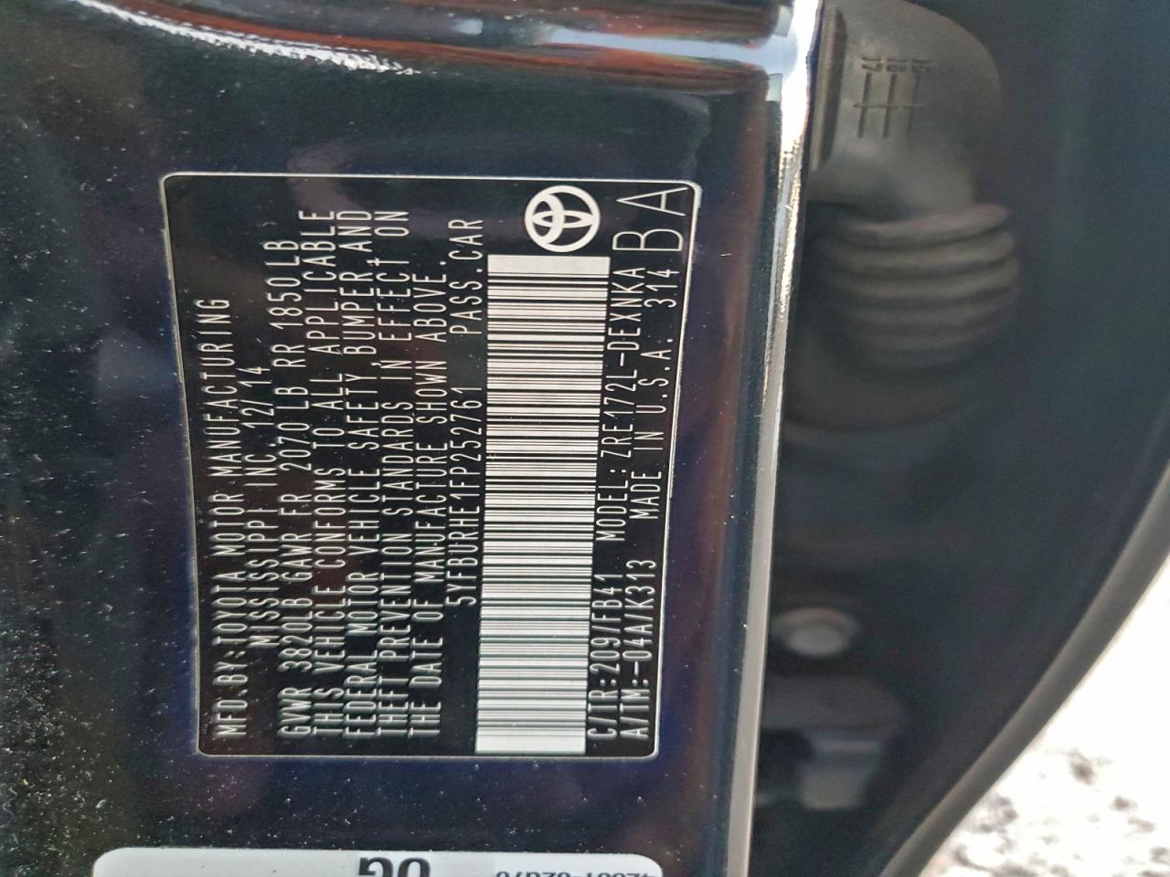 2015 Toyota Corolla L VIN: 5YFBURHE1FP252761 Lot: 94371685