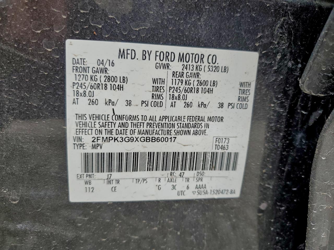 2016 Ford Edge Se VIN: 2FMPK3G9XGBB60017 Lot: 93115025