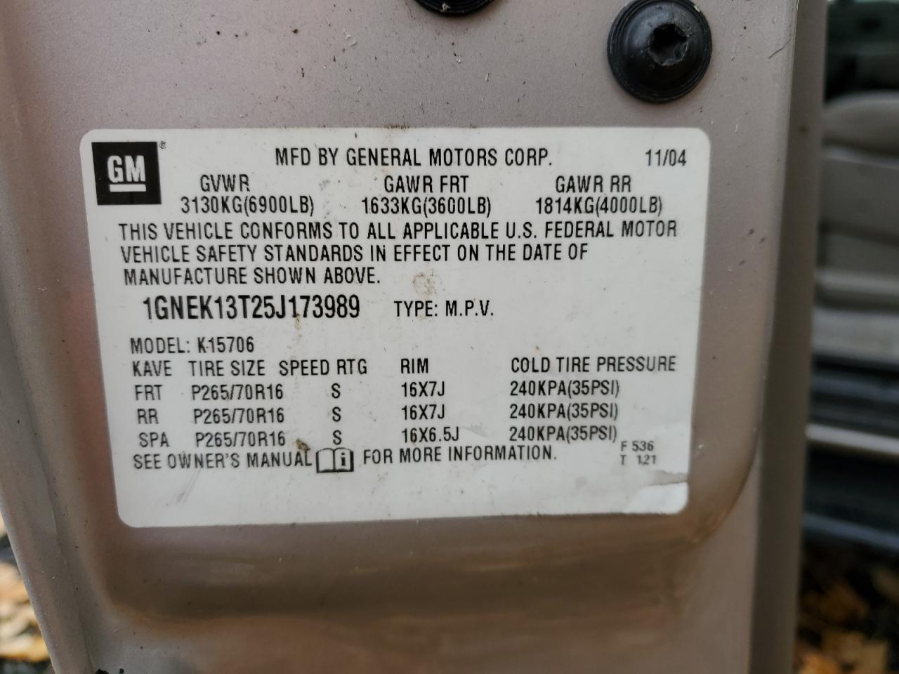 2005 Chevrolet Tahoe K1500 VIN: 1GNEK13T25J173989 Lot: 91515145