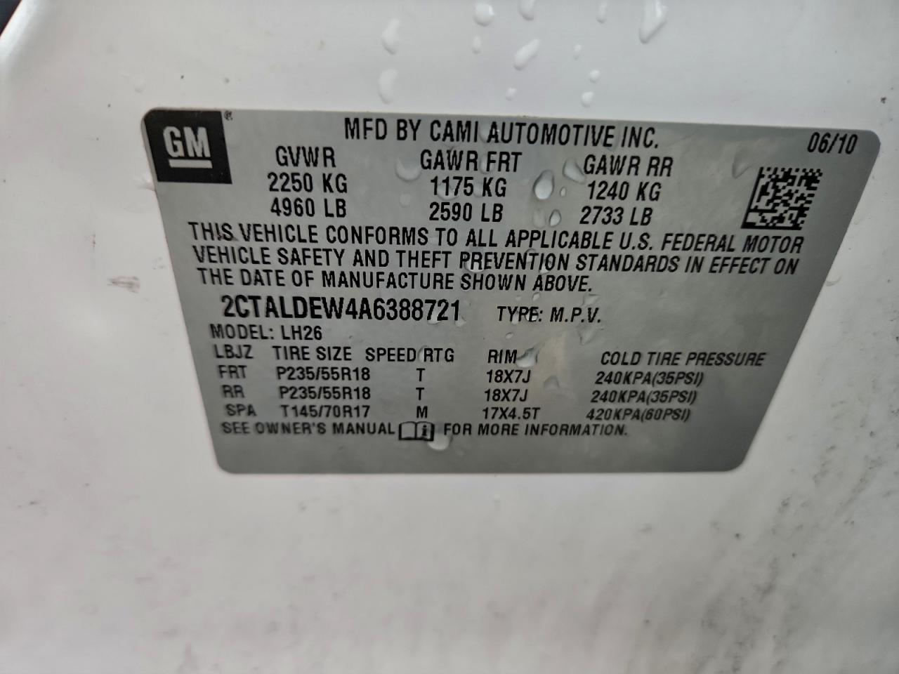 2010 GMC Terrain Sle VIN: 2CTALDEW4A6388721 Lot: 94403015