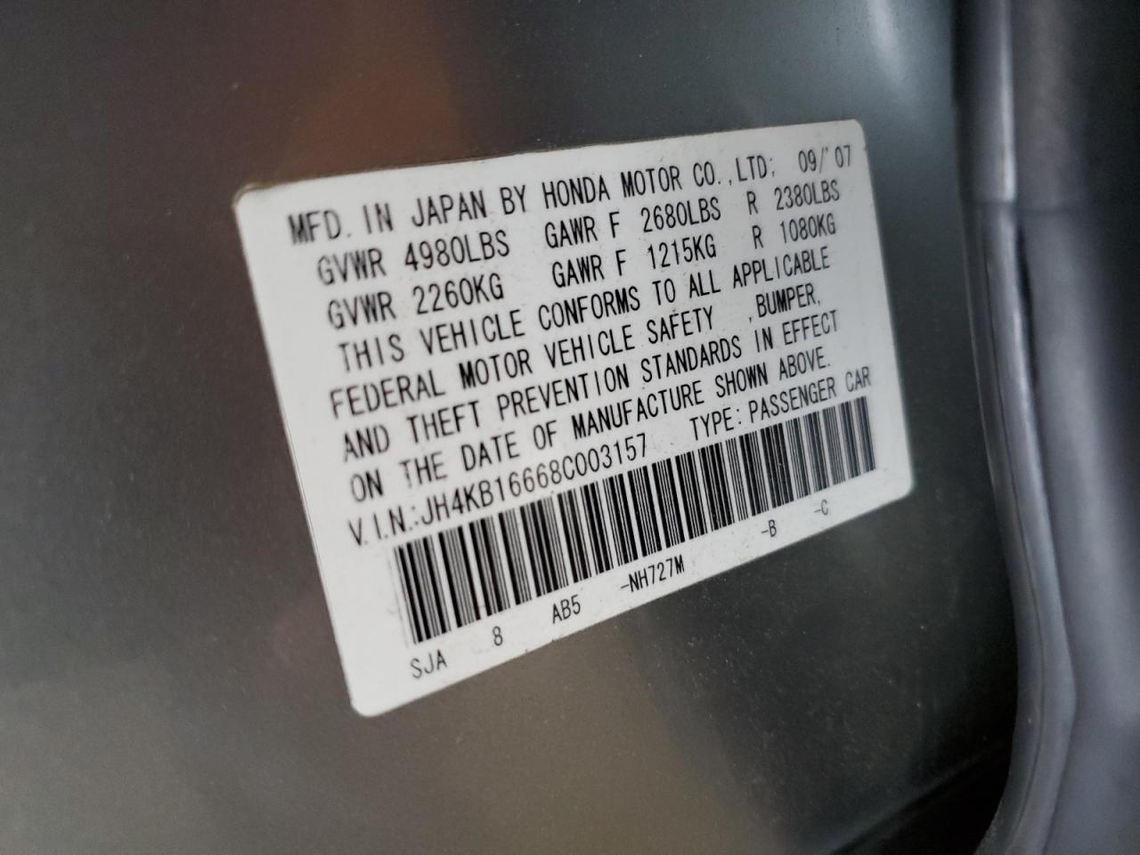 2008 Acura Rl VIN: JH4KB16668C003157 Lot: 92584855