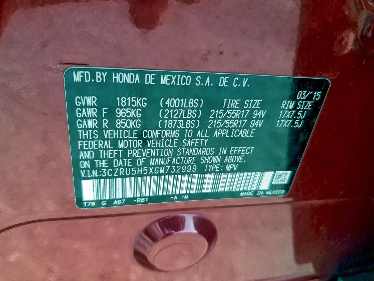 2016 Honda Hr-V Ex VIN: 3CZRU5H5XGM732999 Lot: 93382575