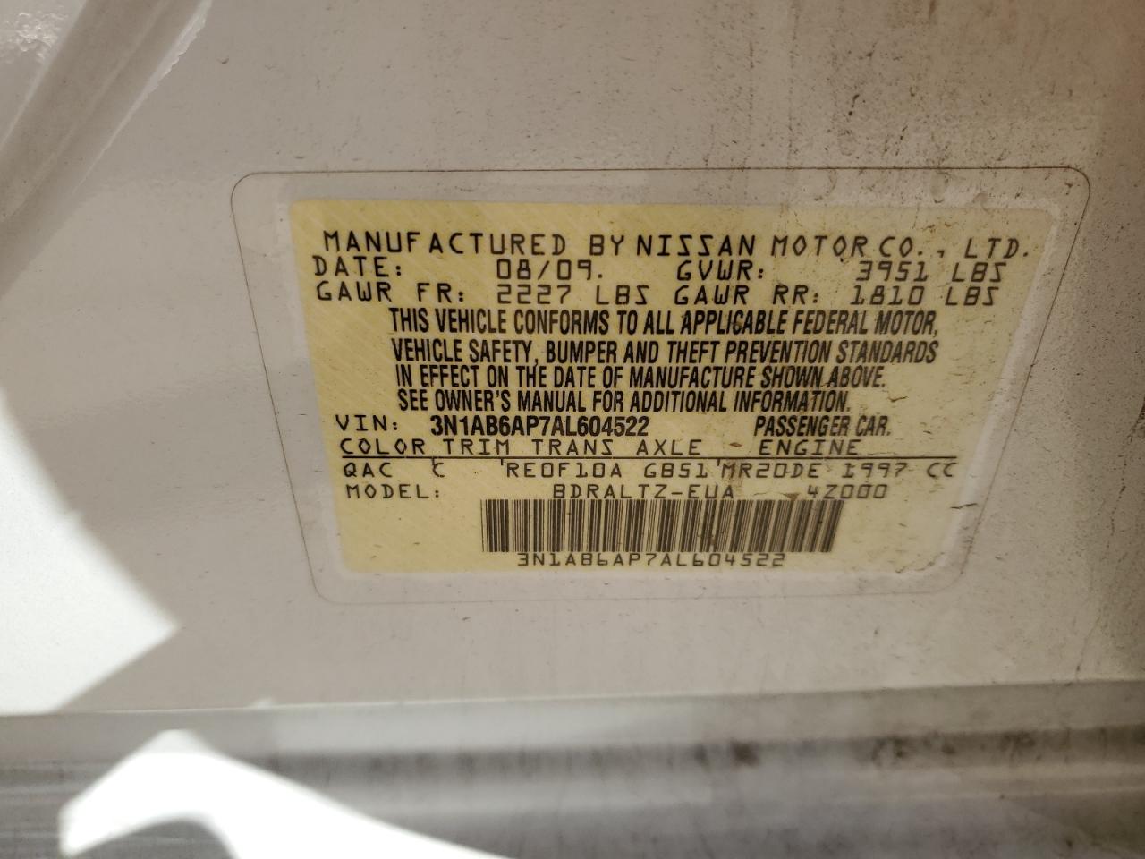 2010 Nissan Sentra 2.0 VIN: 3N1AB6AP7AL604522 Lot: 91408035