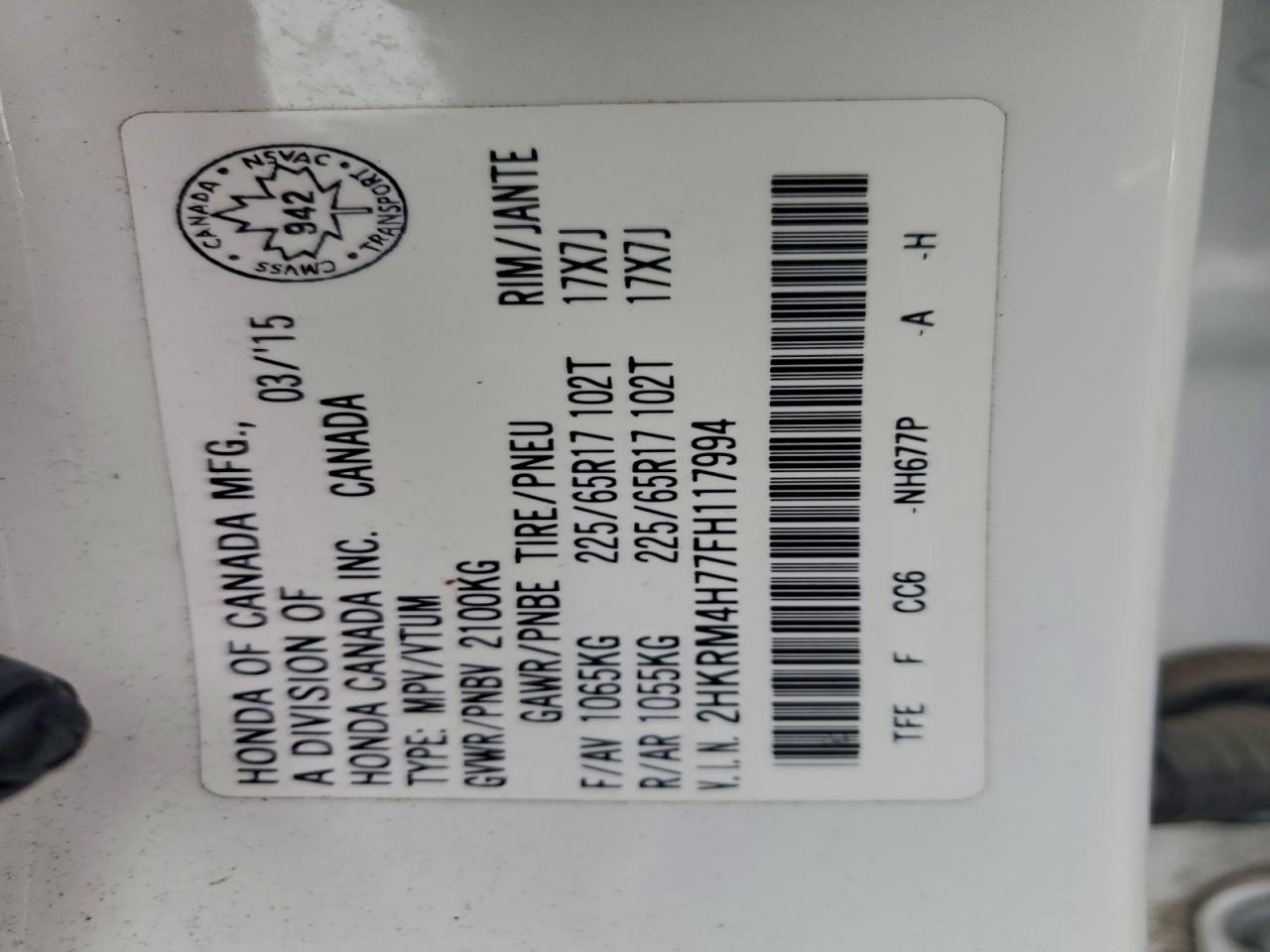 2015 Honda Cr-V Exl VIN: 2HKRM4H77FH117994 Lot: 94090145