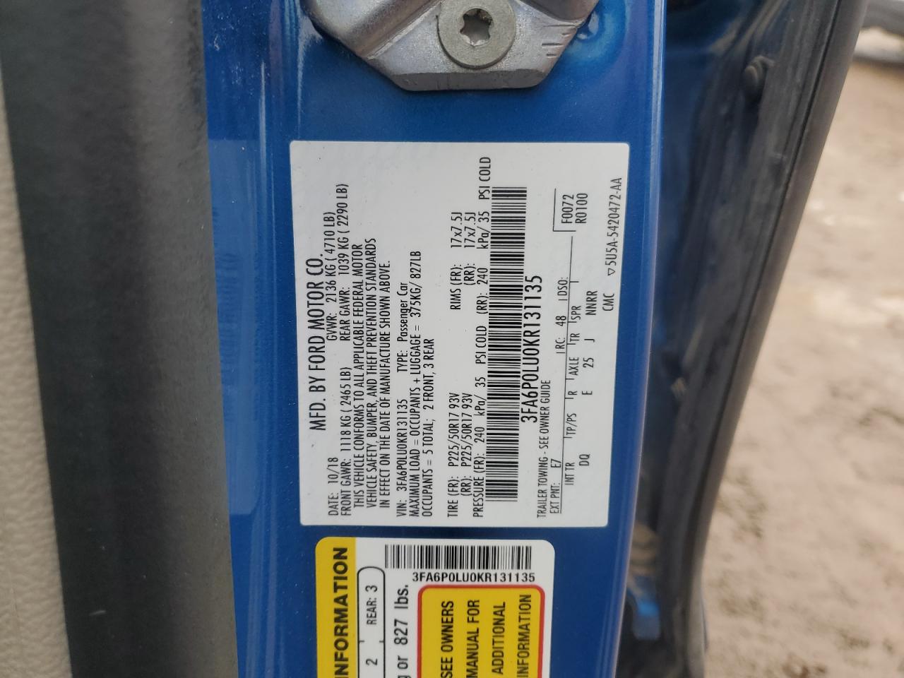 2019 Ford Fusion Se VIN: 3FA6P0LU0KR131135 Lot: 92006805