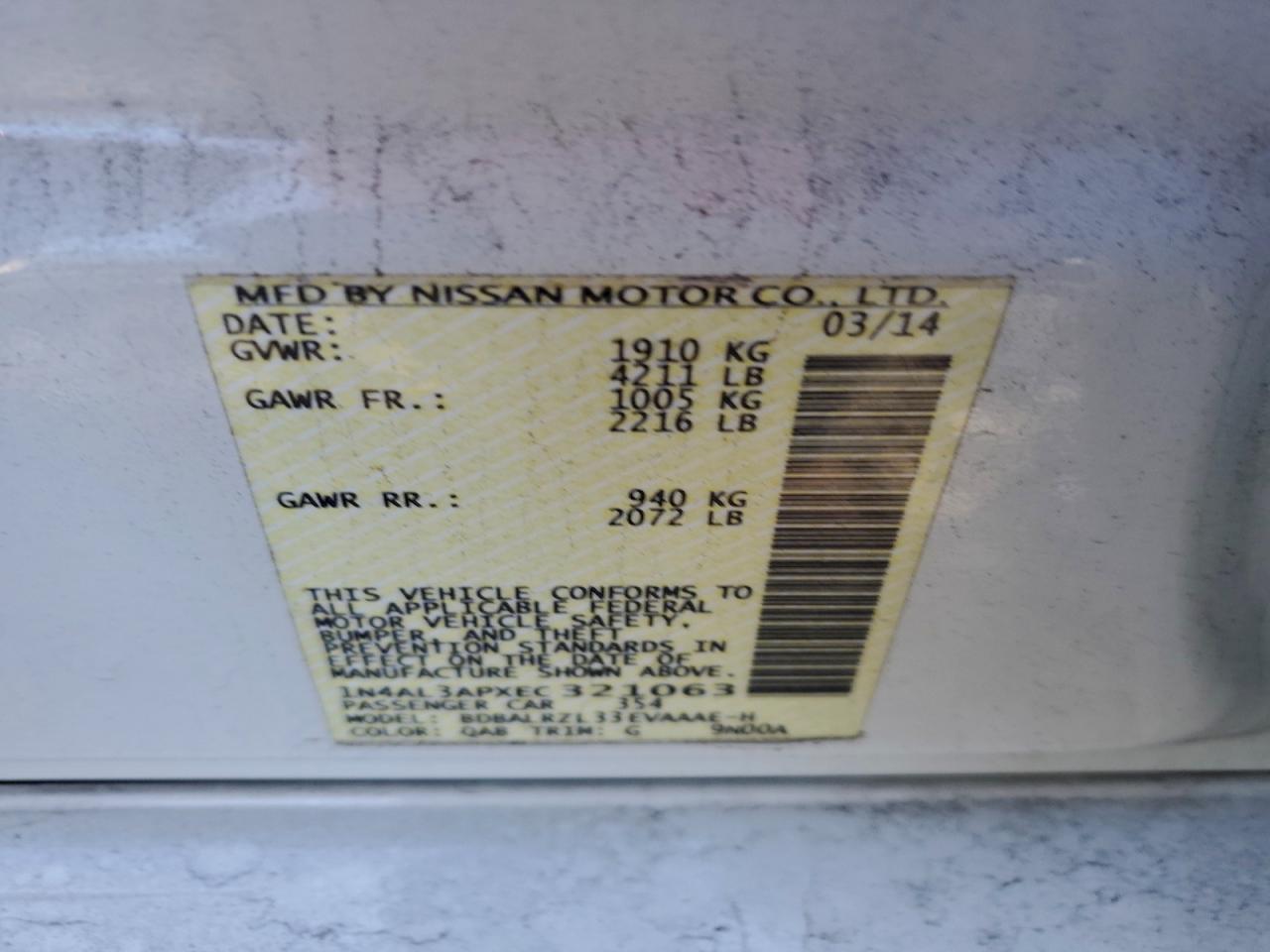 2014 Nissan Altima 2.5 VIN: 1N4AL3APXEC321063 Lot: 94108255