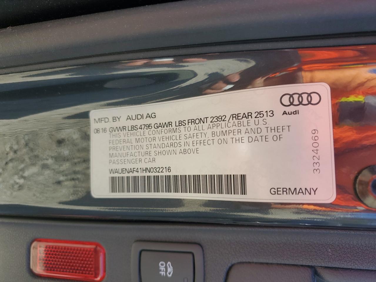 2017 Audi A4 Premium Plus VIN: WAUENAF41HN032216 Lot: 92657645