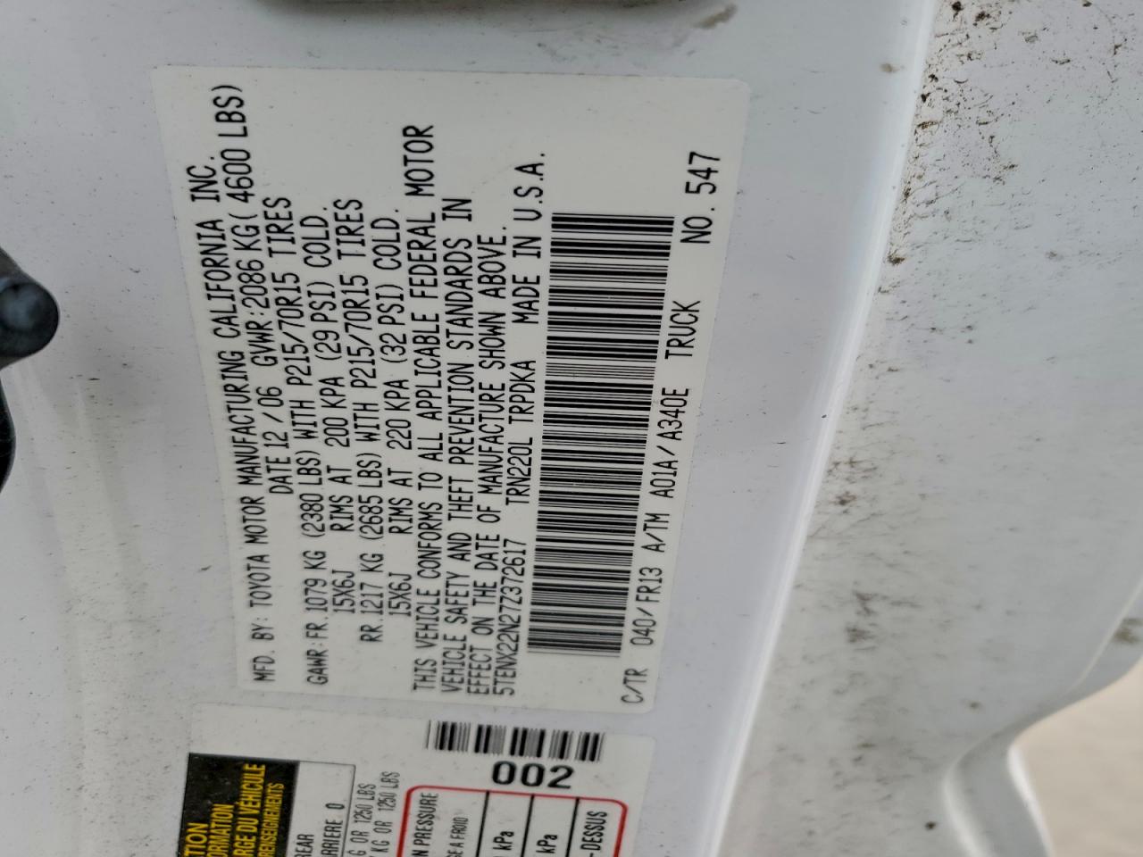 2007 Toyota Tacoma VIN: 5TENX22N27Z372617 Lot: 93981955