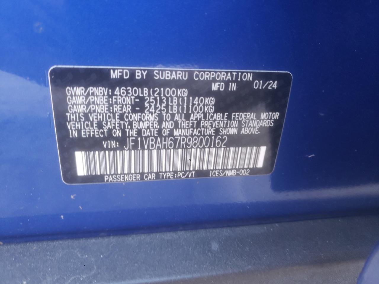 2024 Subaru Wrx Premium VIN: JF1VBAH67R9800162 Lot: 92578135