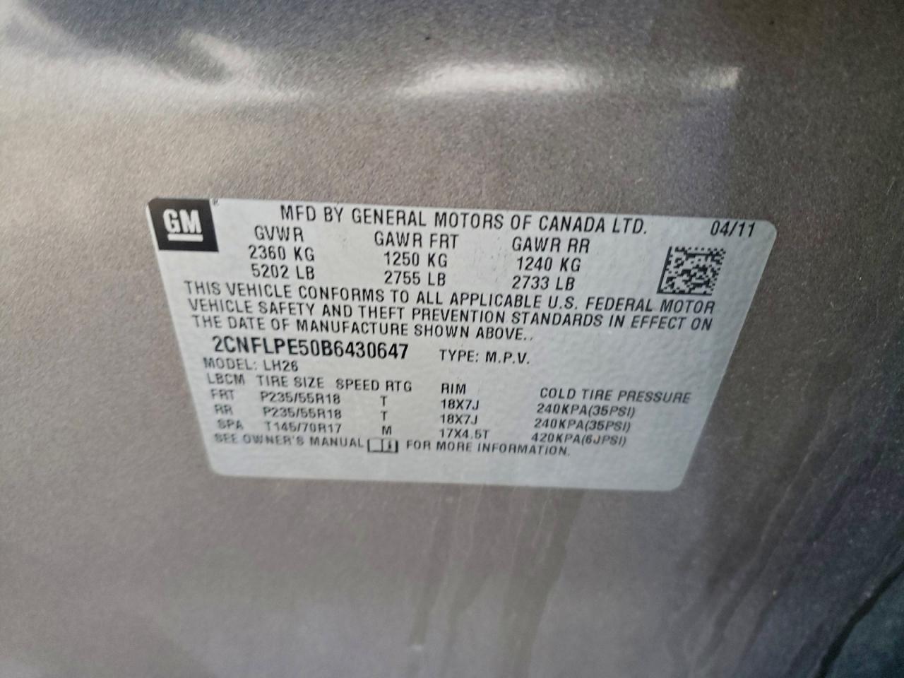 2011 Chevrolet Equinox Lt VIN: 2CNFLPE50B6430647 Lot: 93517625